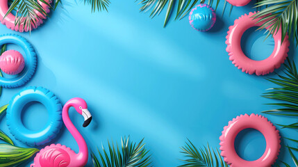 Summer background with inflatable circle, beach toy, flamingo. Pink, blue color banner with copy space, tropical palm leaves. Advertising poster, discount, promotions, summer sales and information.