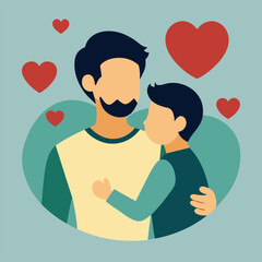 In front of a heart, a man and a boy are embracing each other with love