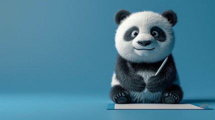 minimalist cartoon panda at a tiny desk with pencil paper, charming back-to-school concept...