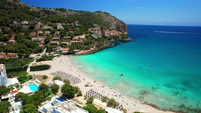 Mallorca (Majorca) island best beach destinations - scenic beautiful Canyamel beach with turquoise sea. aerial drone 4k hd video. Spain summer holidays