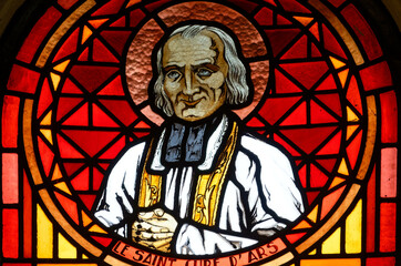 Stained glass of St. John Marie Vianney, Father 
of Ars. Vitrail moderne de Saint Jean-Marie...