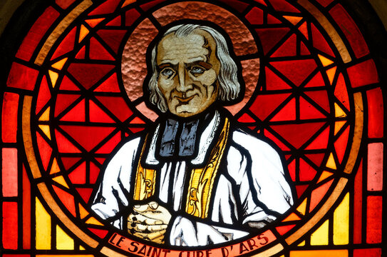 Stained glass of St. John Marie Vianney, Father 
of Ars. Vitrail moderne de Saint Jean-Marie Vianney, Cur&eacute; d'Ars. Paris