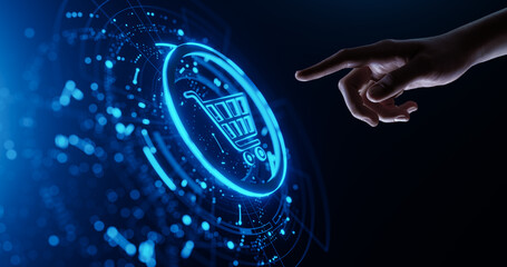 E-commerce and digital shop: businessman touch add to cart icon. Business, retail, online store concept