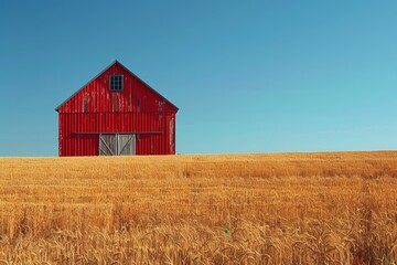 Obraz premium rustic farm aesthetic, a vintage red barn surrounded by golden wheat fields under a clear blue sky captures the rural charm and serenity