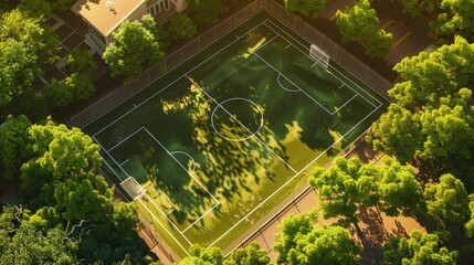 Aerial view of a soccer field surrounded by trees