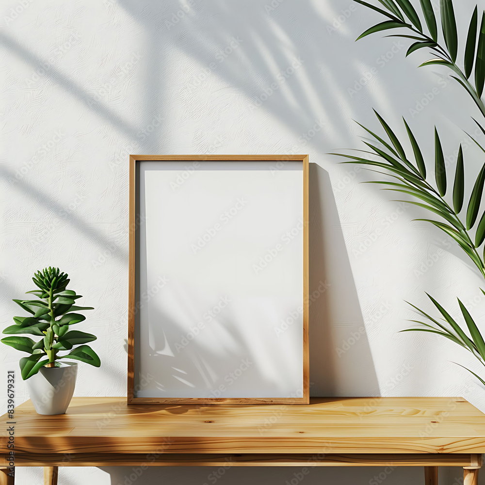 Wall mural mockup of a blank photo frame sitting on a wooden table with plants besides minimal and clean style