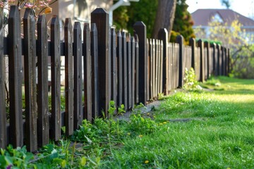 Obraz premium A wooden fence stands in front of a house, providing privacy and security