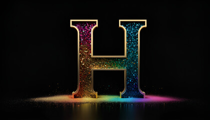 "A minimalist desktop wallpaper with a focus on negative space: a solid black background with a single, oversized letter "H" cut out in the center, leaving a trail of cascading, multi-colored glitter