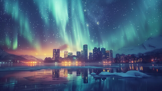 Eine Gro&szlig;stadt im Winter, &uuml;ber der Nordlichter am Himmel tanzen