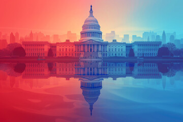 The United States Capitol building reflected in a calm pool of water, with a gradient background symbolizing political themes.