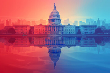 Fototapeta premium The United States Capitol building reflected in a calm pool of water, with a gradient background symbolizing political themes.