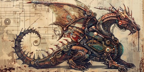 Fototapeta premium Steampunk Mechanical Dragon Illustration