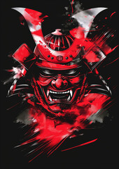Striking red and black samurai helmet artwork, blending traditional elements with modern graphic design.