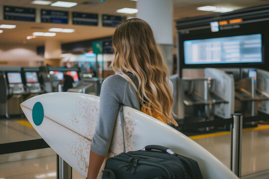 Young woman carrying a surfboard at the airport, embodying the spirit of adventure and travel.