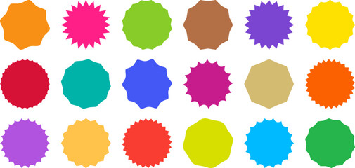 Badge star icon, sticker star burst shape, sale round set, price circle, sun label, colorful tag isolated on white background. Award and medal, achievement collection. Retro simple vector illustration