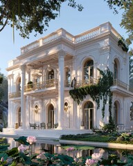 Obraz premium Classic style white house amidst forest with lake garden and beautiful lotus flowers