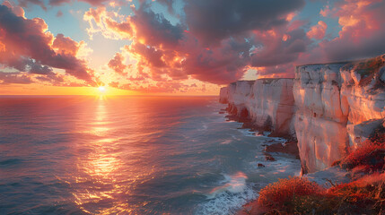 Fototapeta premium A nature cliff during sunset, the sky ablaze with colors, and the cliffs casting long shadows