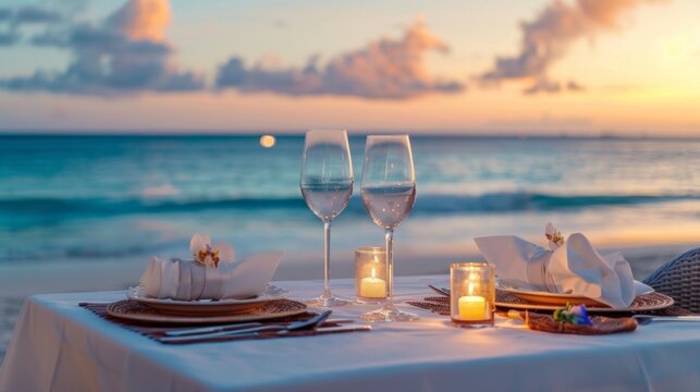 oceanic table setting, two place settings with fancy dishes beside a breathtaking ocean view, ideal for a romantic dinner date on the beach