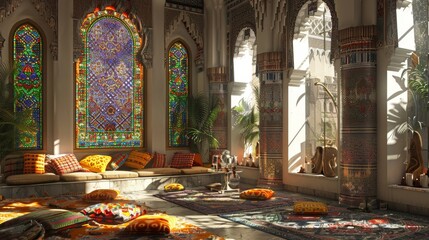 moroccan interior design, a unique moroccan-inspired interior featuring ornate mosaic tiles, rich colors, and lavish fabrics for an exotic and luxurious feel