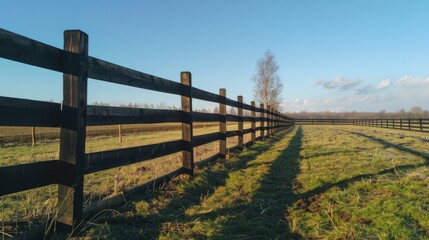 Fototapeta premium A rustic wooden fence borders a lush green field with soft grass