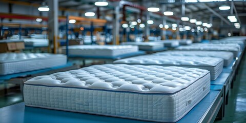 Obraz premium New Mattresses in Factory Under Bright Lights, Prepared for Distribution. Concept Factory Setting, Mattress Production, Bright Lights, New Stock, Distribution Ready