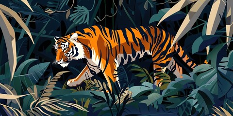 Illustrated Tiger in Lush Foliage