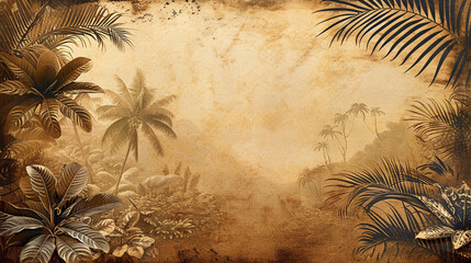 vintage background, retro mural photo wallpaper jungle and graceful leaves tropical forest 