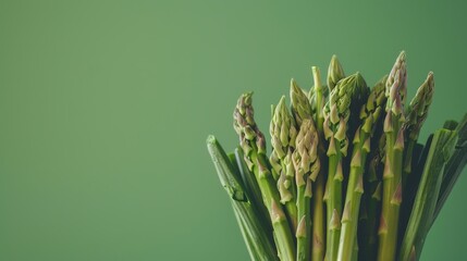 Fresh bunch of asparagus against a soft green background, showcasing the vegetable's slender form and vibrant color. Great for themes of nutrition and healthy eating