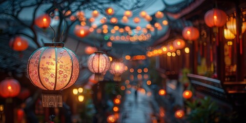 Fototapeta premium At night, lanterns hanging from trees along a street