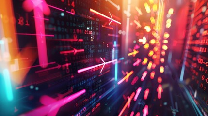 Obraz premium Abstract data visualization with arrows showing progress within a complex digital framework (selective focus, big data analysis theme, vibrant, silhouette, trading floor backdrop)