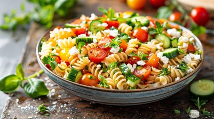 summer pasta salad, enjoy a colorful pasta salad with rotini, cherry tomatoes, cucumbers, and feta cheese in a large bowl for a refreshing summer meal