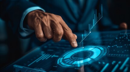 Businessman interacting with virtual screen showing cost reduction icon and down arrow, symbolizing budget management in business finance. Perfect for financial and business themes