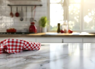 Obraz premium Abstract blur background of marble kitchen counter with red checkered towel and defocused interior in the morning light for product display montage, table top and modern white tile wall in the room
