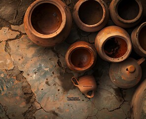 An ancient clay bowl with a handle, lying on the ground next to other ceramic pots, ready for use in cooking or serving food