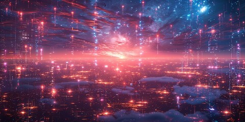 Fototapeta premium City at night with galaxy, majestic atmosphere under purple skies