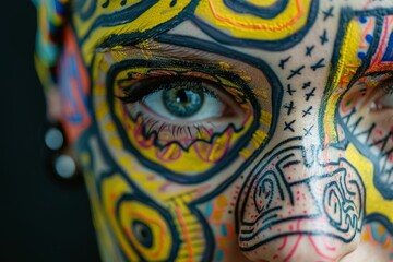 Close-Up of Intricate Face Paint Art with Vibrant Colors