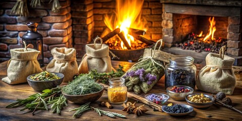 Fototapeta premium There are crystals, salt, magical candles, various dry herbs on the table near the fireplace, everything for magical rituals, a magical background