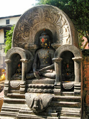 Religious sculpture in the famous Swayambhunath Temple (Monkey Temple), located in Kathmandu
