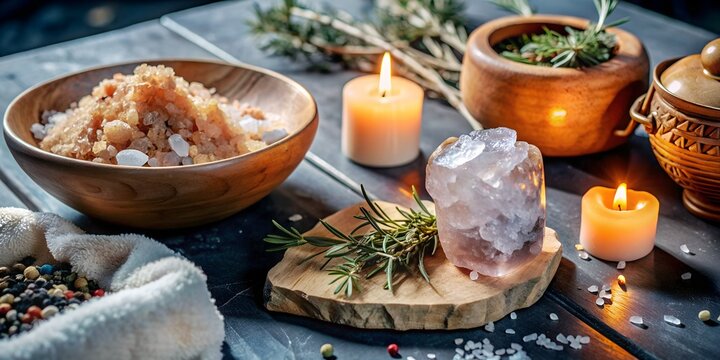 In daylight, there are crystals, salt, magical candles, various dry herbs on the table, everything for magical rituals, a magical background  generated  AI