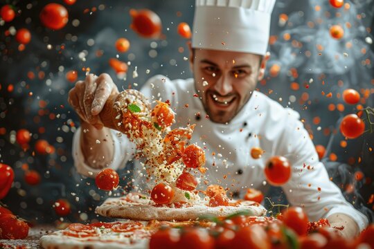 Wild and crazy Italian chef wildly making pizza with ingredients flying around