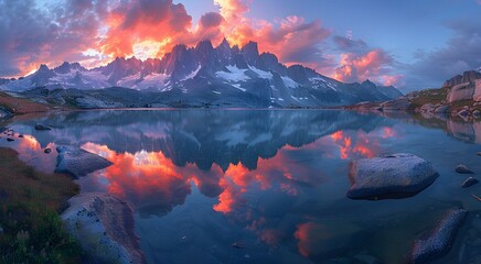 Fototapeta premium A nature glacial lake during sunset, the sky ablaze with colors, and the water reflecting the hues