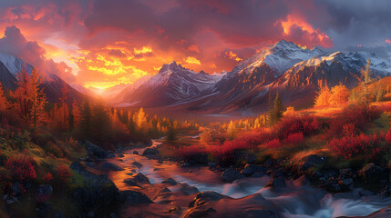 A nature glacial valley during sunset, the sky ablaze with colors, and the cliffs casting long shadows