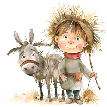 recommend clip art: Style character Little shepherd boy papakha his head without scarf Caucasian face nose hump donkey hay his back stick his hand thick line handdrawn style vector file watercolor rough minimalism front