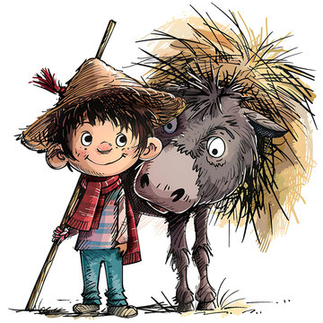 recommend clip art: Style character Little shepherd boy papakha his head without scarf Caucasian face nose hump donkey hay his back stick his hand thick line handdrawn style vector file watercolor rough minimalism front