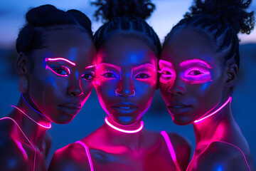 Fototapeta premium Three women glowing neon pink and purple lines on their faces at night in the desert wearing tank tops posing for a photo with a long exposure in the style of black light photography