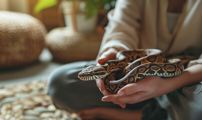 Fototapeta premium A woman holds a small domestic snake in her hands. Exotic pet care and communication concept.
