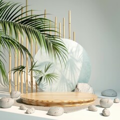 Obraz premium Nature-inspired mockup podium with green rocks and tropical leaves