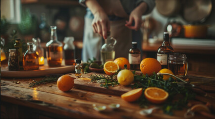 A cozy, warm kitchen scene, The kitchen is filled with the soothing aroma of citrus fruits and herbs. various ingredients and oil bottles are spread out on a wooden table. tranquil vibe