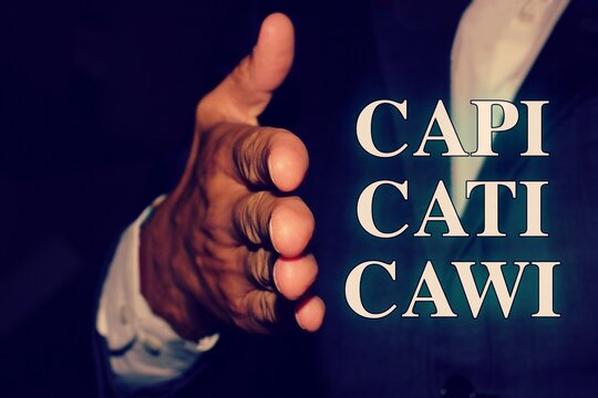 Close up of a hand shaking with the words "CAPI CATI CAWI" concept of C0MPUTER ASSISTED INTERVIEWED .