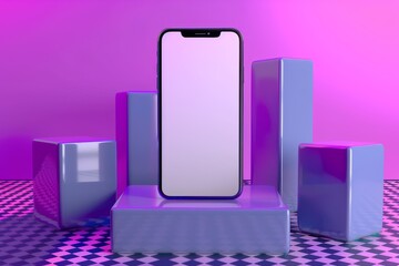 Modern smartphone on purple geometric blocks with blank screen for mockup
